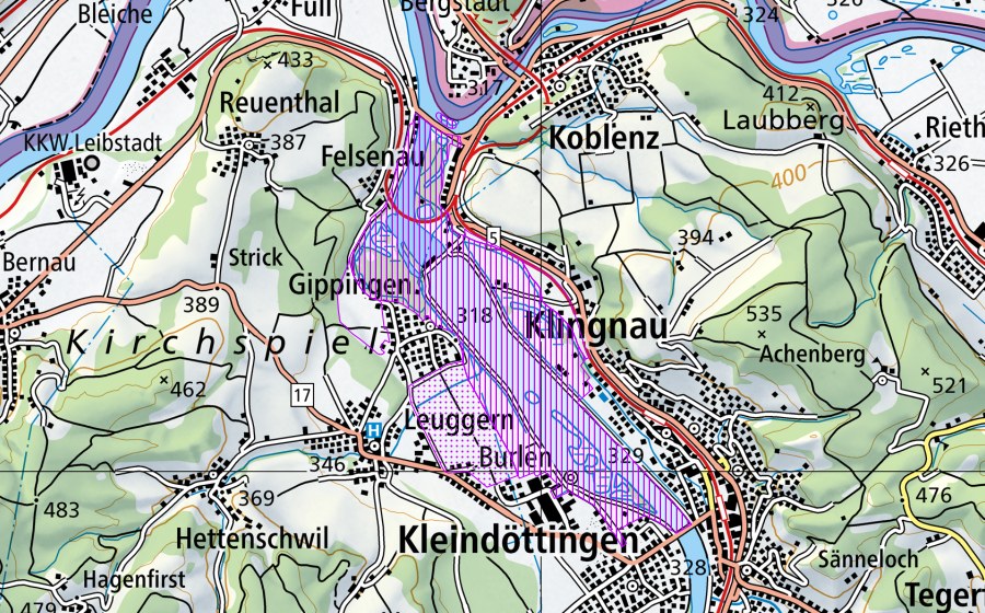 Landeskarte swisstopo mit dem Schutzperimeter von Klingnauerstausee (AG) (Wasser- und Zugvogelreservat)