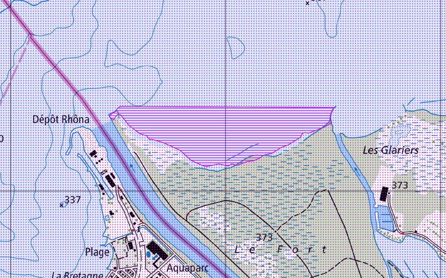 Landeskarte swisstopo mit dem Schutzperimeter von Les Grangettes (VD,VS) (Wasser- und Zugvogelreservat)