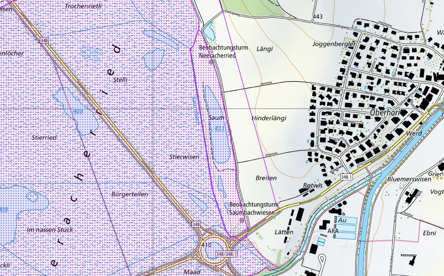 swisstopo national map showing the protected perimeter of Neeracher Ried (ZH) (Water bird reserve)