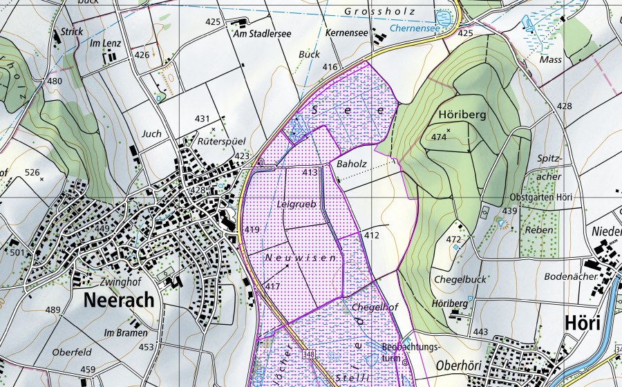 Carte nationale swisstopo avec le périmètre protégé de Neeracher Ried (ZH) (Réserve d’oiseaux d’eau)
