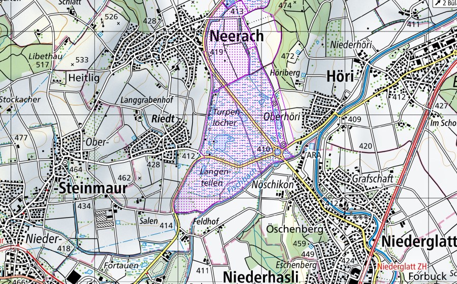Carte nationale swisstopo avec le périmètre protégé de Neeracher Ried (ZH) (Réserve d’oiseaux d’eau)