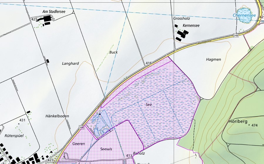Landeskarte swisstopo mit dem Schutzperimeter von Neeracher Ried (ZH) (Wasser- und Zugvogelreservat)