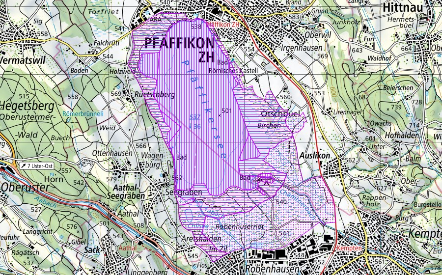 Landeskarte swisstopo mit dem Schutzperimeter von Pfäffikersee (ZH) (Wasser- und Zugvogelreservat)