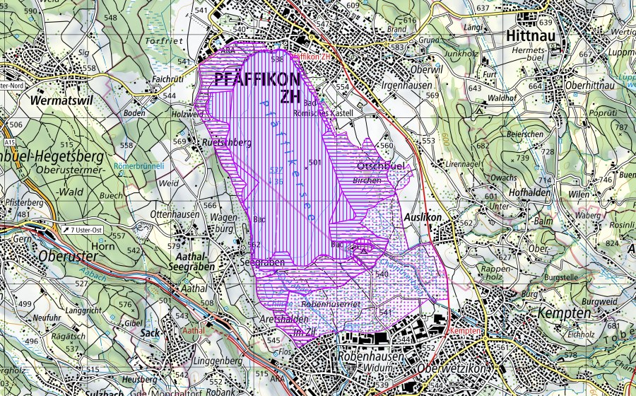 swisstopo national map showing the protected perimeter of Pfäffikersee (ZH) (Water bird reserve)