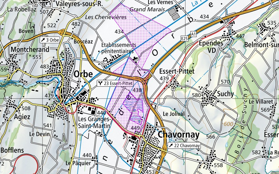 Landeskarte swisstopo mit dem Schutzperimeter von Plaine de l’Orbe – Chavornay (VD) (Wasser- und Zugvogelreservat)
