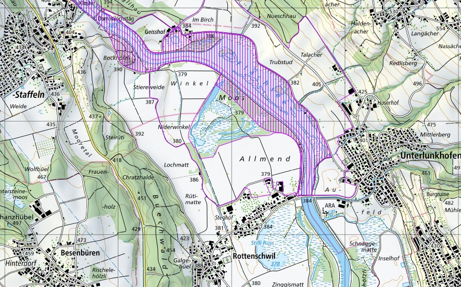 Landeskarte swisstopo mit dem Schutzperimeter von Reuss: Bremgarten - Zufikon bis Brücke von Rottenschwil (AG) (Wasser- und Zugvogelreservat)