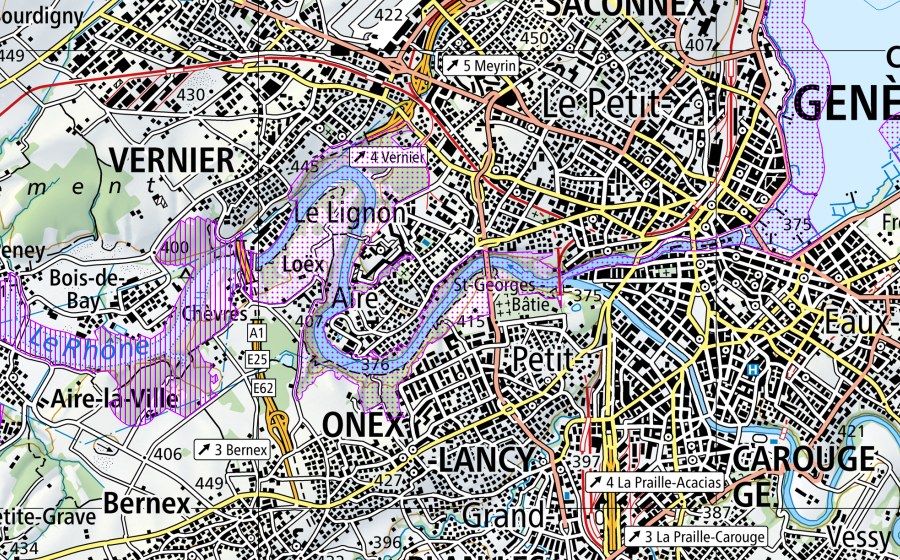 Landeskarte swisstopo mit dem Schutzperimeter von Rhône-Verbois (GE) (Wasser- und Zugvogelreservat)