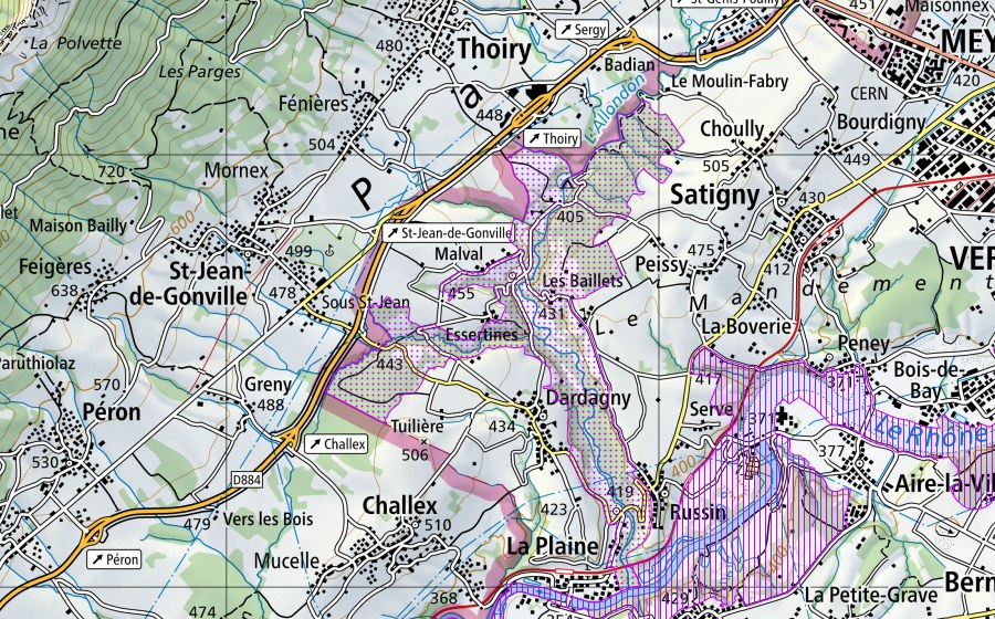 swisstopo national map showing the protected perimeter of Rhône-Verbois (GE) (Water bird reserve)
