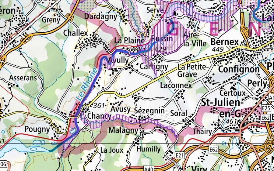swisstopo national map showing the protected perimeter of Rhône-Verbois (GE) (Water bird reserve)