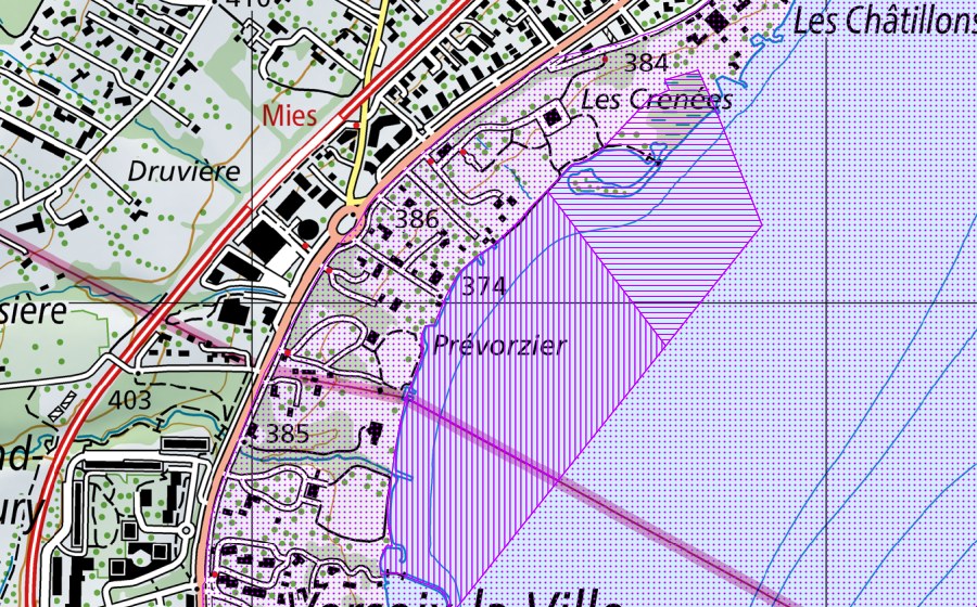 Landeskarte swisstopo mit dem Schutzperimeter von Rive droite du Petit-Lac (GE, VD) (Wasser- und Zugvogelreservat)