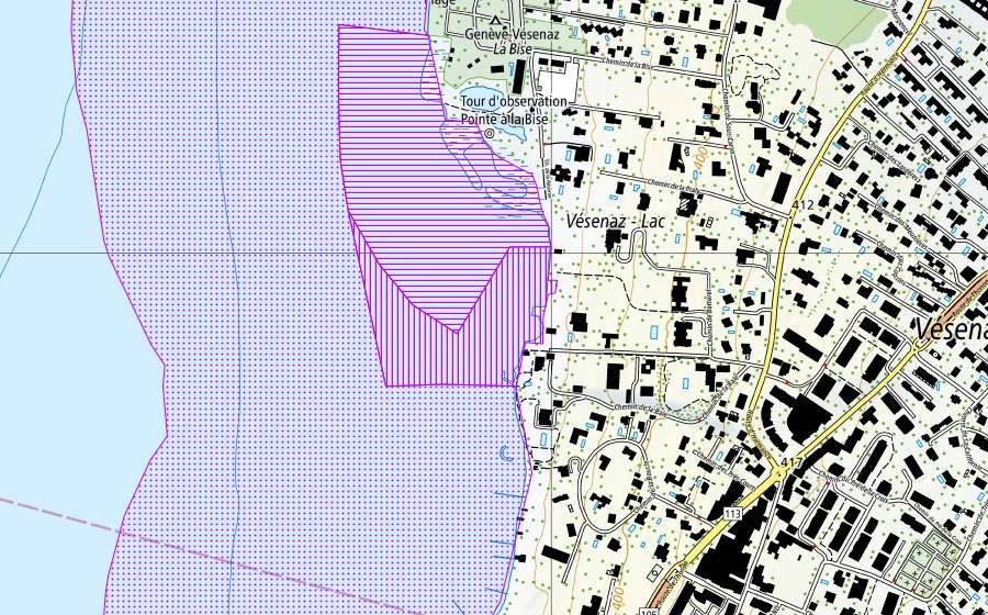 swisstopo national map showing the protected perimeter of Rive gauche du Petit-Lac (GE) (Water bird reserve)