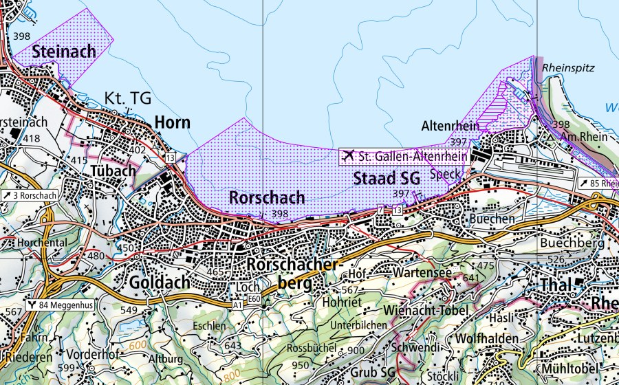 swisstopo national map showing the protected perimeter of Rorschacher Bucht / Arbon (SG) (Water bird reserve)