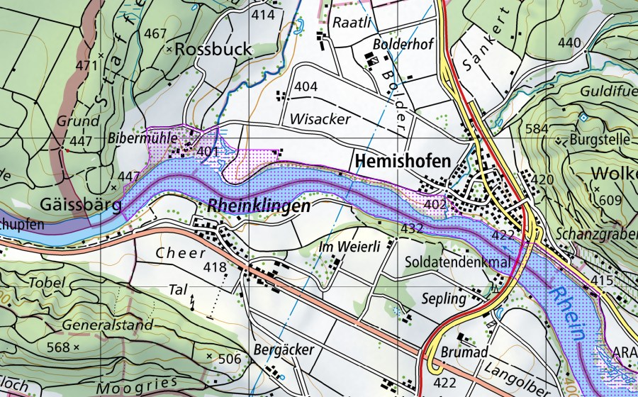 swisstopo national map showing the protected perimeter of Stein am Rhein (SH,TG) (Water bird reserve)