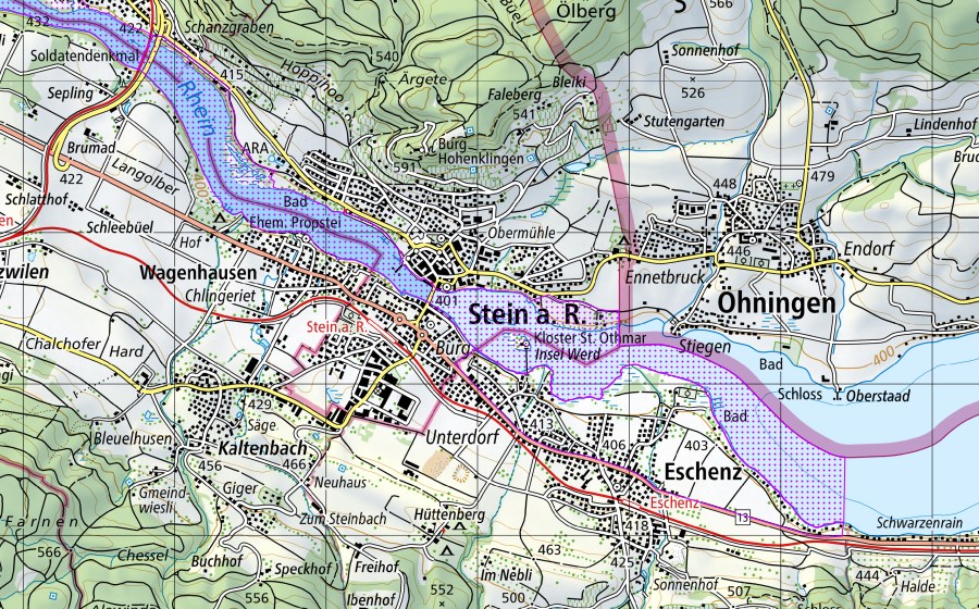swisstopo national map showing the protected perimeter of Stein am Rhein (SH,TG) (Water bird reserve)