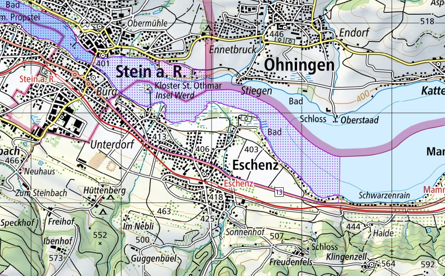 swisstopo national map showing the protected perimeter of Stein am Rhein (SH,TG) (Water bird reserve)
