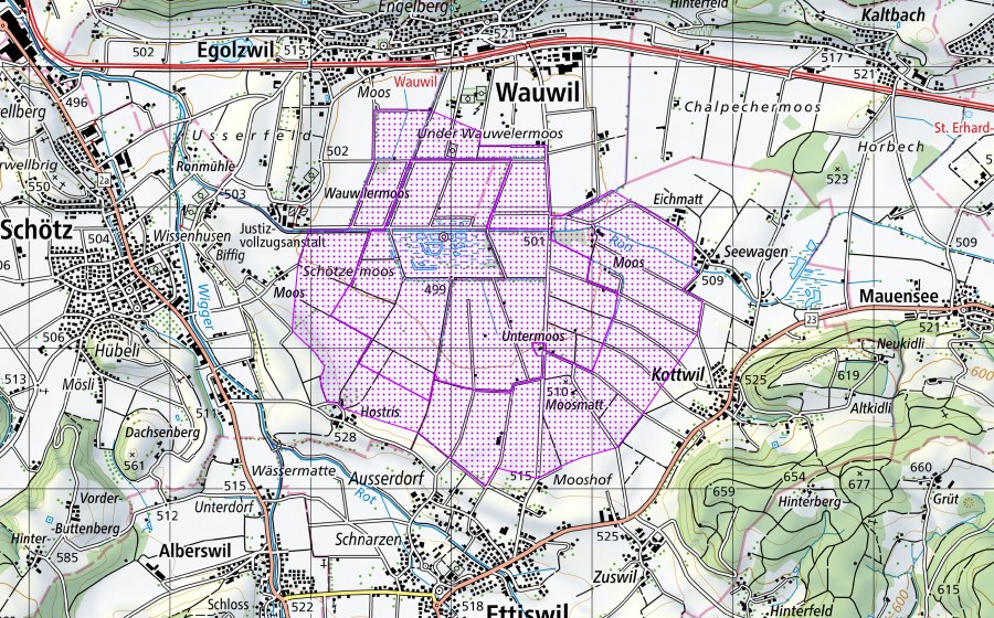 Landeskarte swisstopo mit dem Schutzperimeter von Wauwilermoos (LU) (Wasser- und Zugvogelreservat)