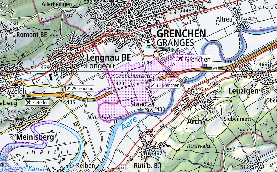 swisstopo national map showing the protected perimeter of Witi (BE,SO) (Water bird reserve)