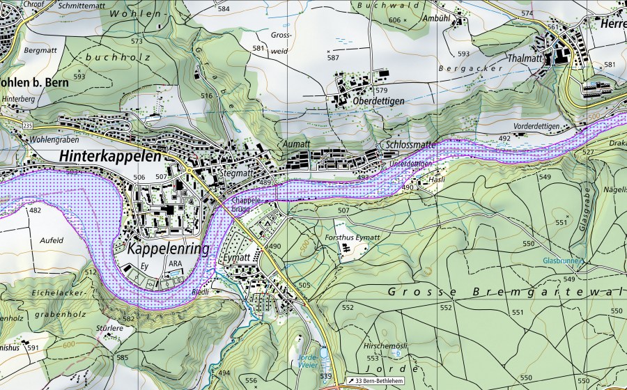 swisstopo national map showing the protected perimeter of Wohlensee (Halenbrücke bis Wohleibrücke) (BE) (Water bird reserve)