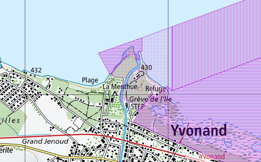 Landeskarte swisstopo mit dem Schutzperimeter von Yvonand jusqu'à Cheyres (FR, VD) (Wasser- und Zugvogelreservat)