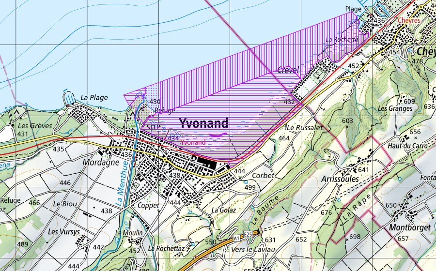 Landeskarte swisstopo mit dem Schutzperimeter von Yvonand jusqu'à Cheyres (FR, VD) (Wasser- und Zugvogelreservat)