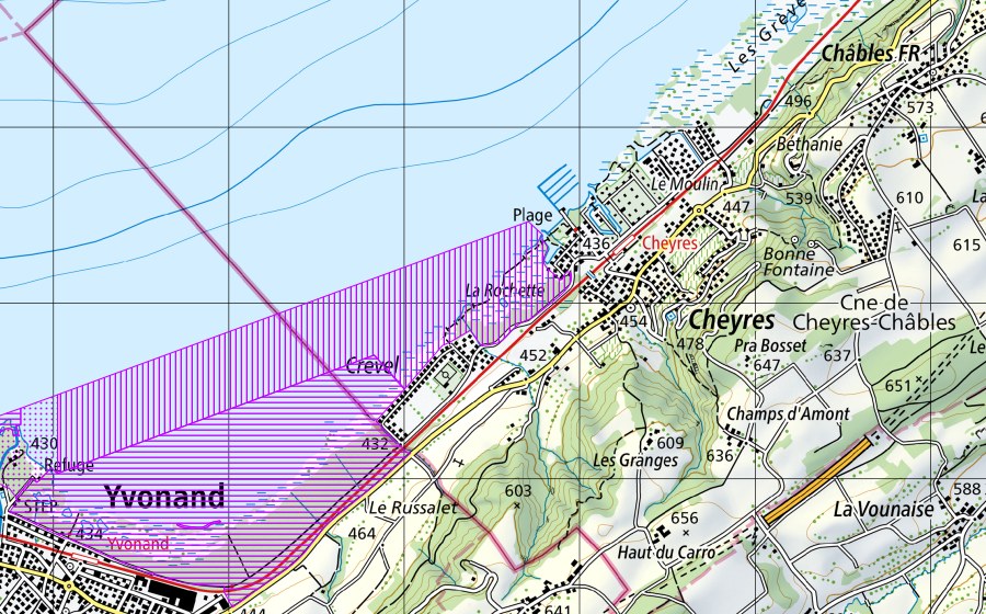 swisstopo national map showing the protected perimeter of Yvonand jusqu'à Cheyres (FR, VD) (Water bird reserve)