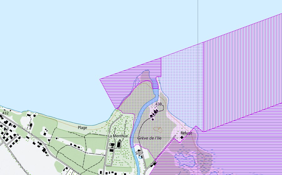 Carte nationale swisstopo avec le périmètre protégé de Yvonand jusqu'à Cheyres (FR, VD) (Réserve d’oiseaux d’eau)