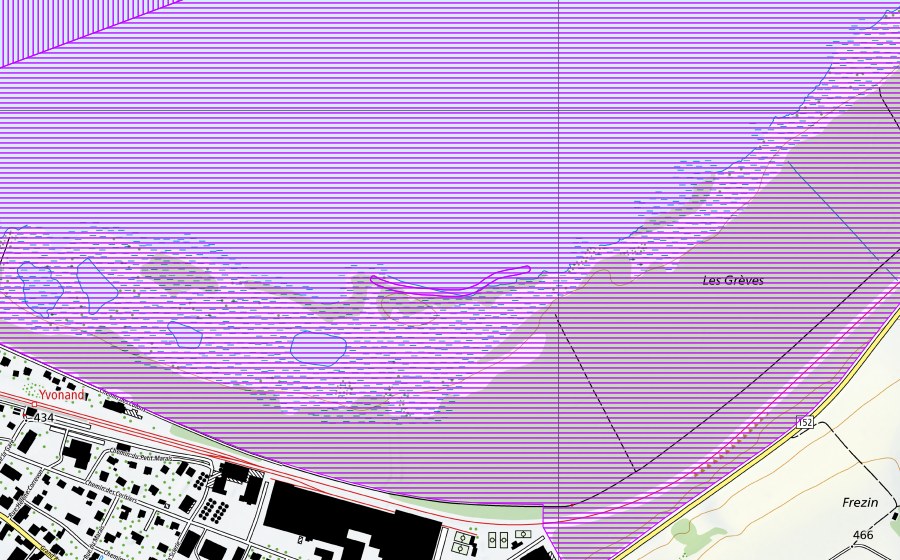 swisstopo national map showing the protected perimeter of Yvonand jusqu'à Cheyres (FR, VD) (Water bird reserve)