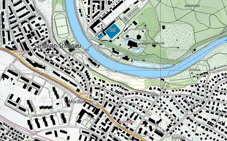 Carte nationale swisstopo avec le périmètre protégé de Aare-Bern, Schönau (Station de température de l’eau)