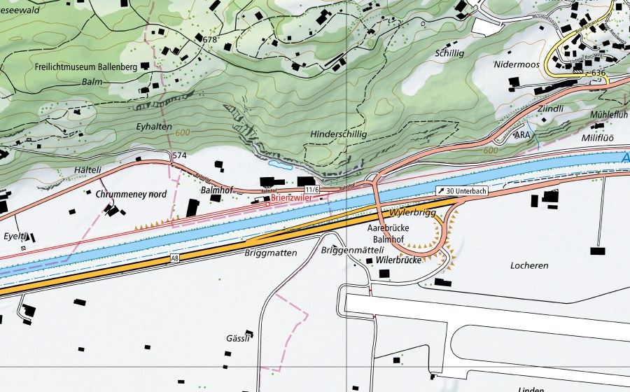 Carte nationale swisstopo avec le périmètre protégé de Aare-Brienzwiler (Station de température de l’eau)