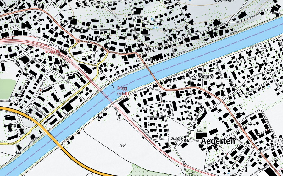 swisstopo national map showing the protected perimeter of Aare-Brügg, Aegerten (Water temperature station)