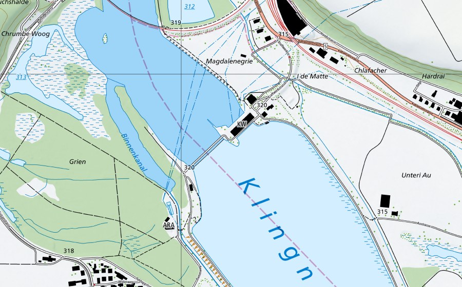 swisstopo national map showing the protected perimeter of Aare-Felsenau, K.W. Klingnau (Water temperature station)