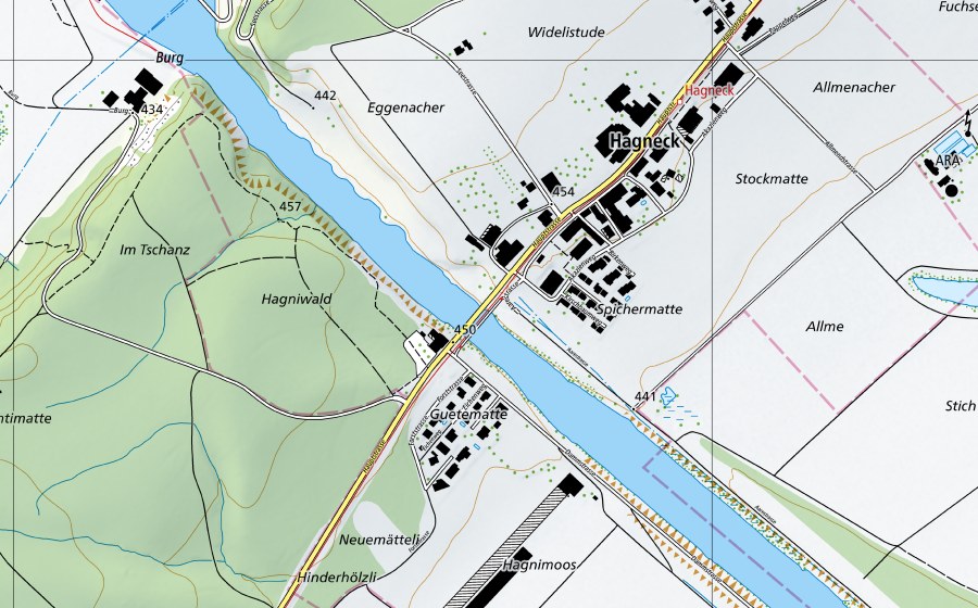 Carte nationale swisstopo avec le périmètre protégé de Aare-Hagneck (Station de température de l’eau)
