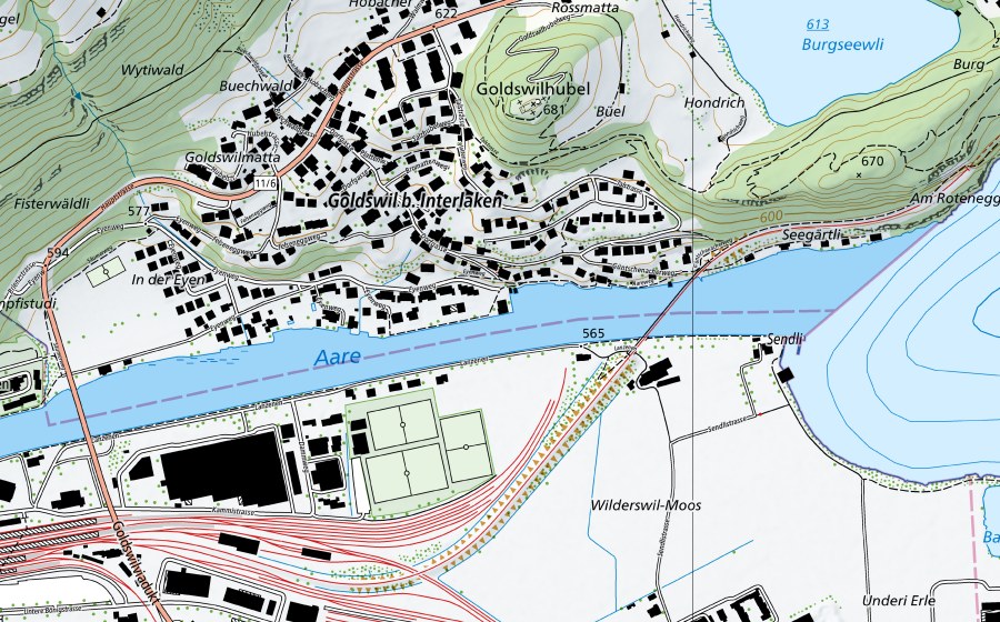Landeskarte swisstopo mit dem Schutzperimeter von Aare-Ringgenberg, Goldswil (Wassertemperatur-Messstation)