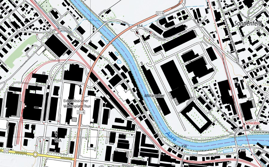 Landeskarte swisstopo mit dem Schutzperimeter von Aare-Thun (Wassertemperatur-Messstation)
