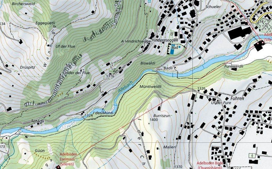 swisstopo national map showing the protected perimeter of Allenbach-Adelboden (Water temperature station)