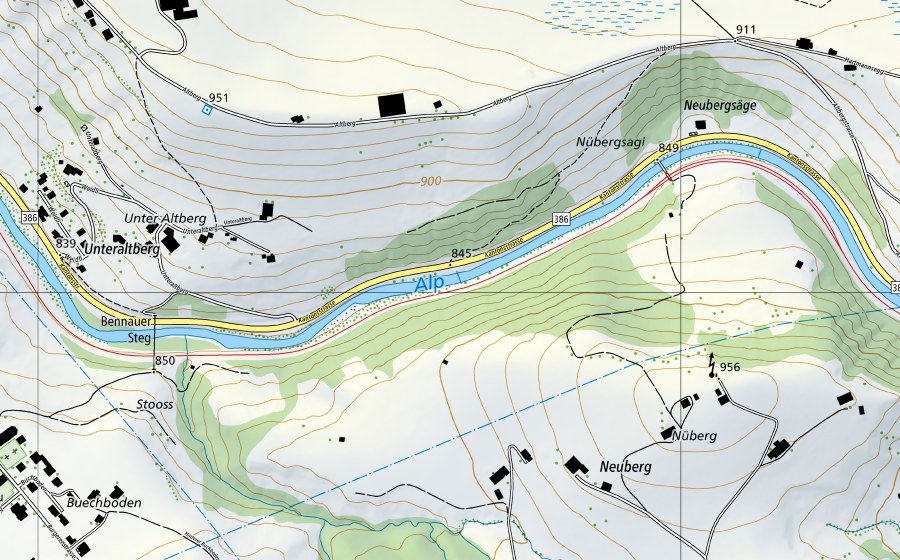 swisstopo national map showing the protected perimeter of Alp-Einsiedeln (Water temperature station)