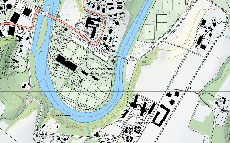 Carte nationale swisstopo avec le périmètre protégé de Arve-Genève, Bout du Monde (Station de température de l’eau)