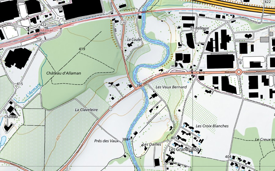 Carte nationale swisstopo avec le périmètre protégé de Aubonne-Allaman, Le Coulet (Station de température de l’eau)