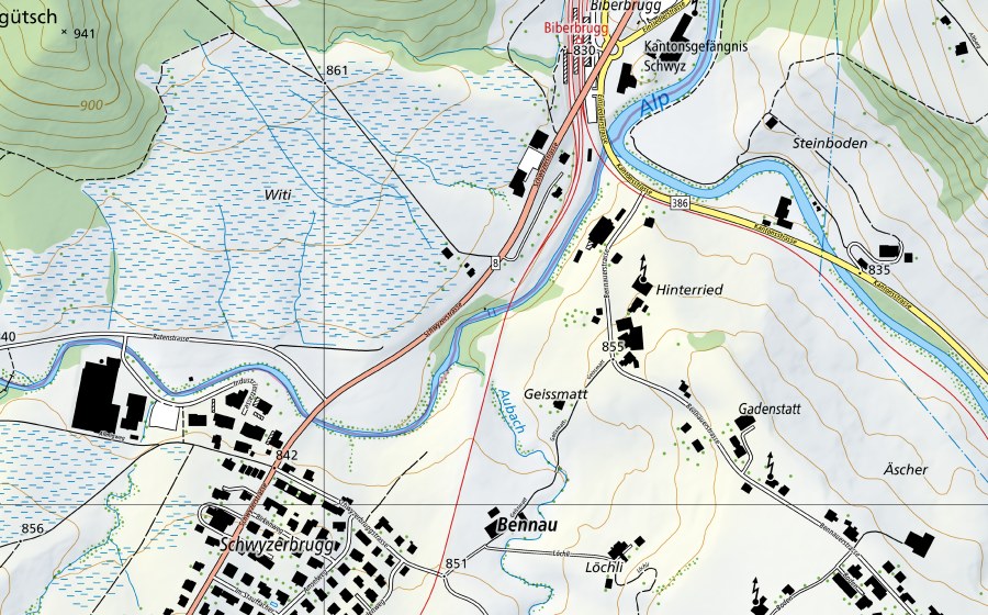 Landeskarte swisstopo mit dem Schutzperimeter von Biber-Biberbrugg (Wassertemperatur-Messstation)