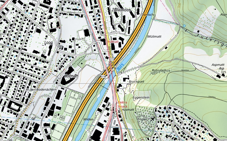Carta nazionale swisstopo con il perimetro protetto di Birs-Münchenstein, Hofmatt (Stazione temperatura acqua)