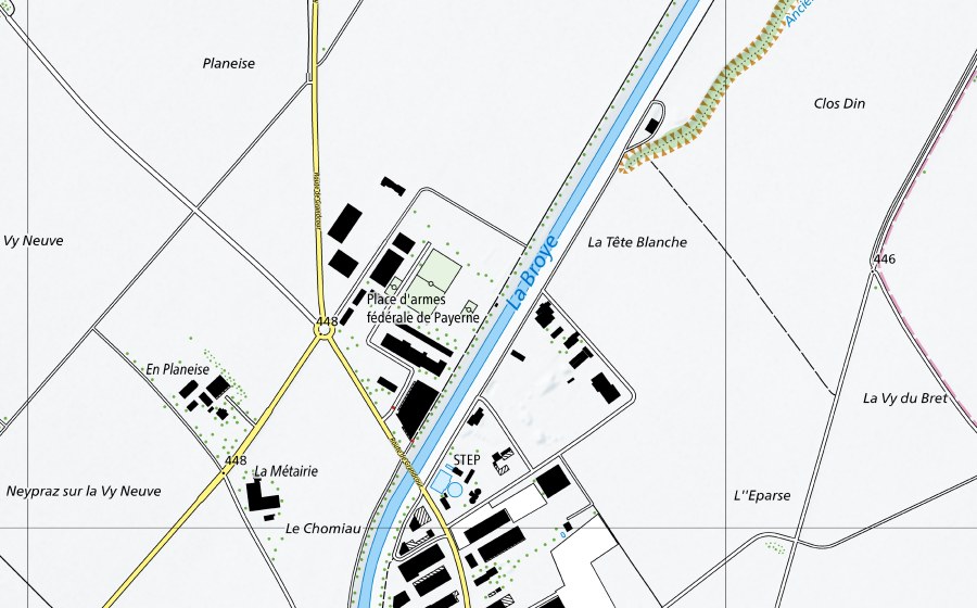 Landeskarte swisstopo mit dem Schutzperimeter von Broye-Payerne, Caserne d'aviation (Wassertemperatur-Messstation)