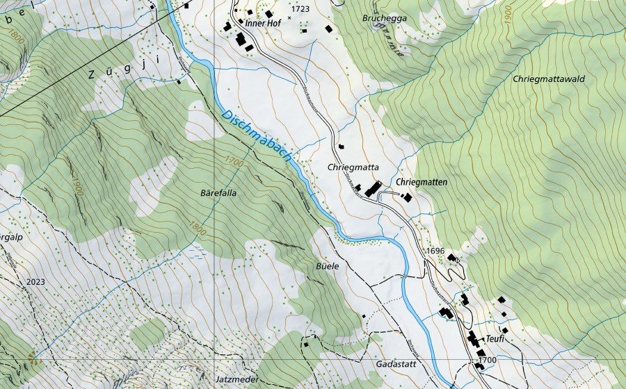 swisstopo national map showing the protected perimeter of Dischmabach-Davos, Kriegsmatte (Water temperature station)