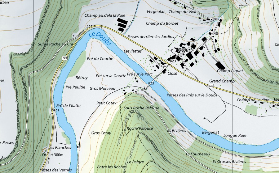 swisstopo national map showing the protected perimeter of Doubs-Ocourt (Water temperature station)