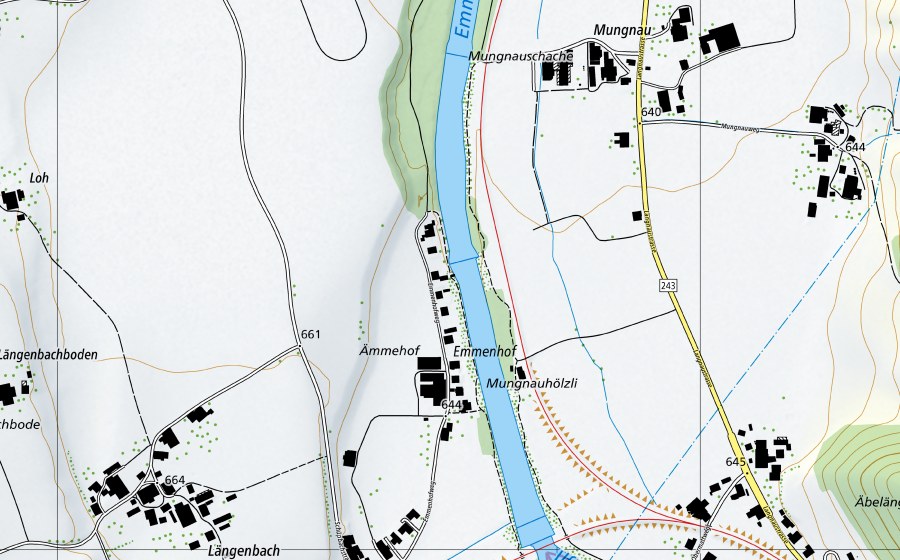 Landeskarte swisstopo mit dem Schutzperimeter von Emme-Emmenmatt (Wassertemperatur-Messstation)