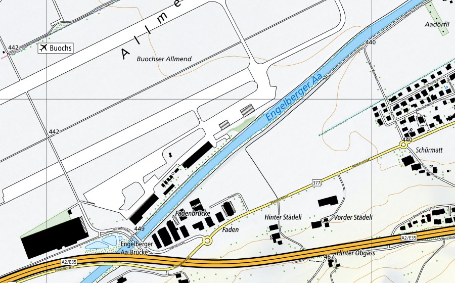swisstopo national map showing the protected perimeter of Engelberger Aa-Buochs, Flugplatz (Water temperature station)
