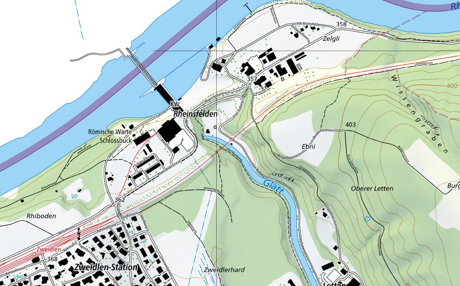 Landeskarte swisstopo mit dem Schutzperimeter von Glatt-Rheinsfelden (Wassertemperatur-Messstation)