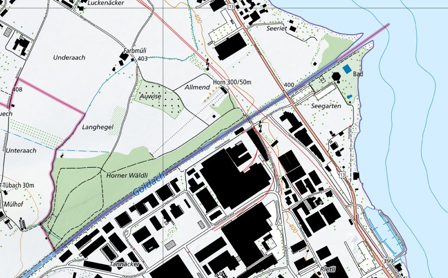 swisstopo national map showing the protected perimeter of Goldach-Goldach, Bleiche (Water temperature station)