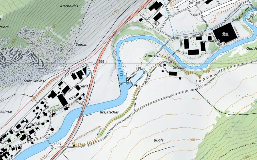 swisstopo national map showing the protected perimeter of Inn-S-chanf (Water temperature station)