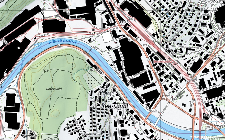 Landeskarte swisstopo mit dem Schutzperimeter von Kleine Emme-Emmen (Wassertemperatur-Messstation)
