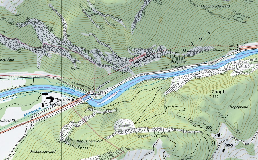 Carte nationale swisstopo avec le périmètre protégé de Landquart-Felsenbach (Station de température de l’eau)